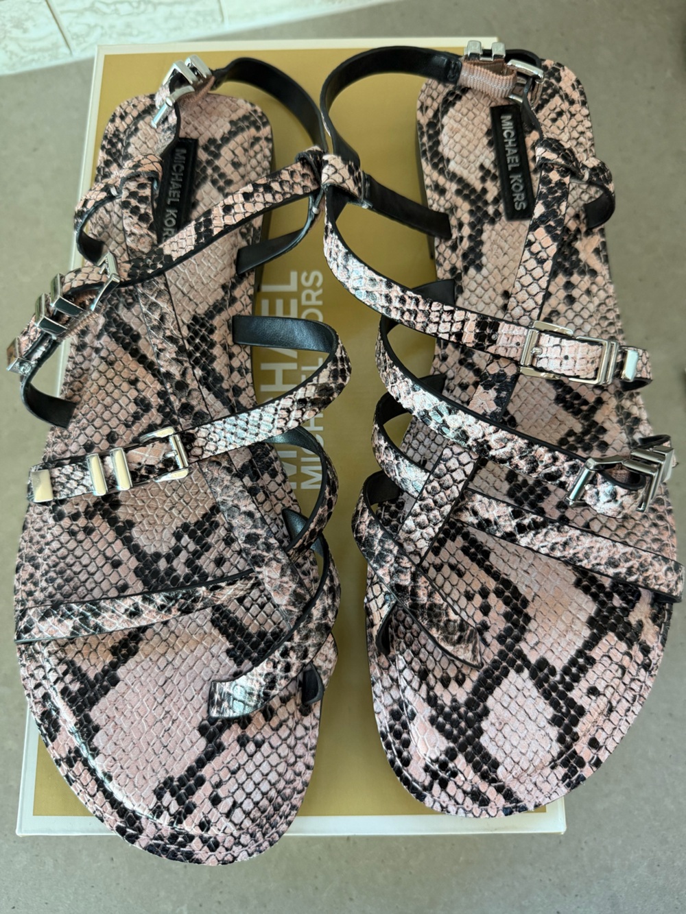 MICHAEL KORS Darrington Pink and Black Snake-Print Strappy Sandal